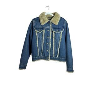 Rainbow West Womens Cozy Denim Jacket Cotton Faux Fur Full Button Size L‎